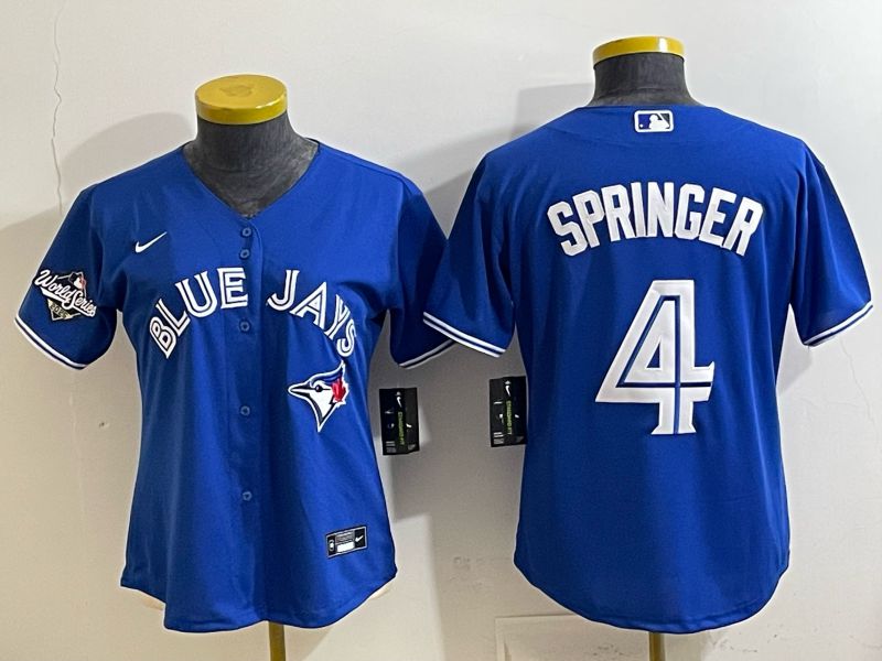 Women 2025 Nike Toronto Blue Jays #4 Springer Blue Game MLB Jersey 02
